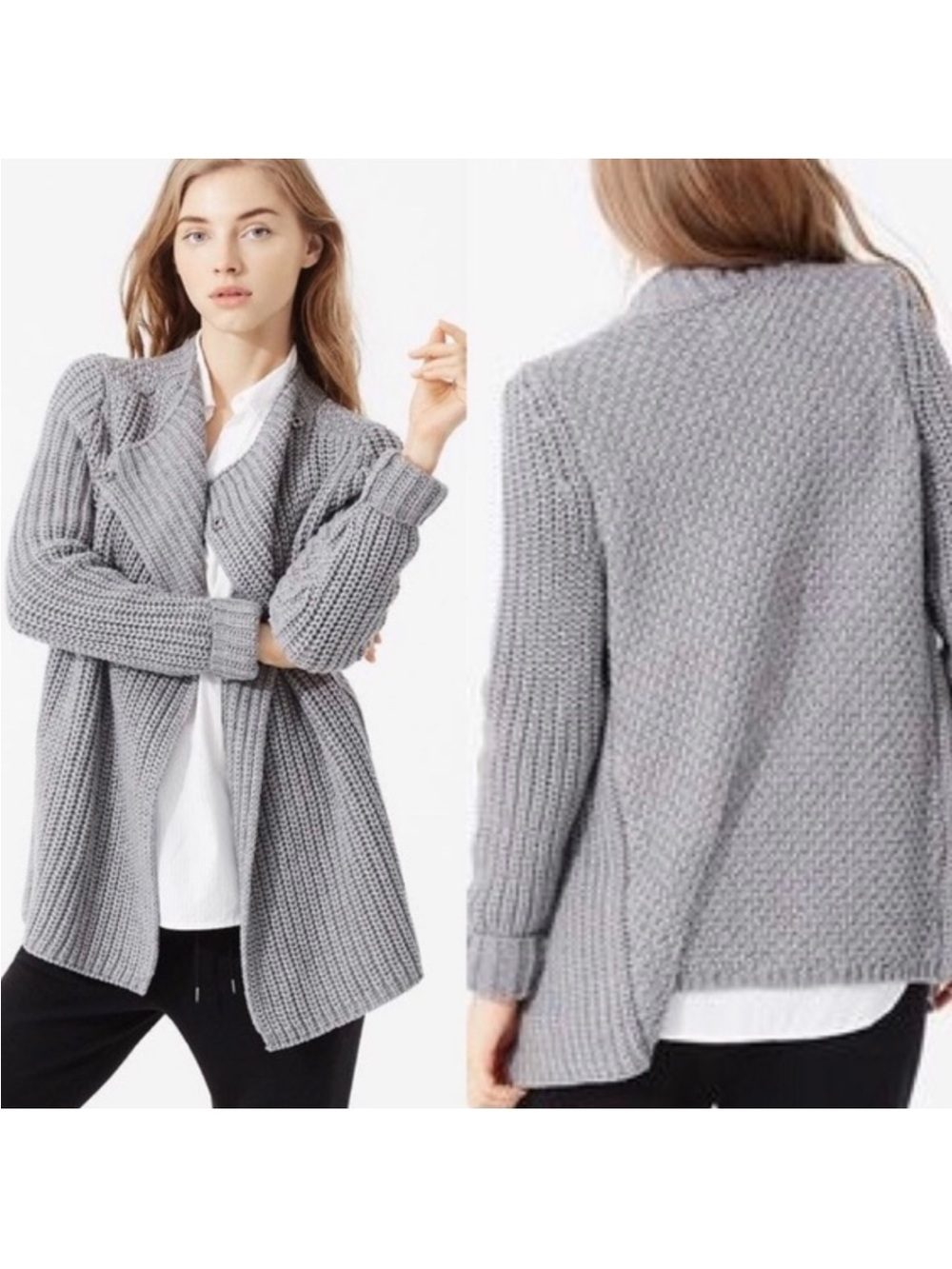 Lou & Grey cotton/wool Chunky Knit Crossover Funnel Neck Gray Cardigan Sweater